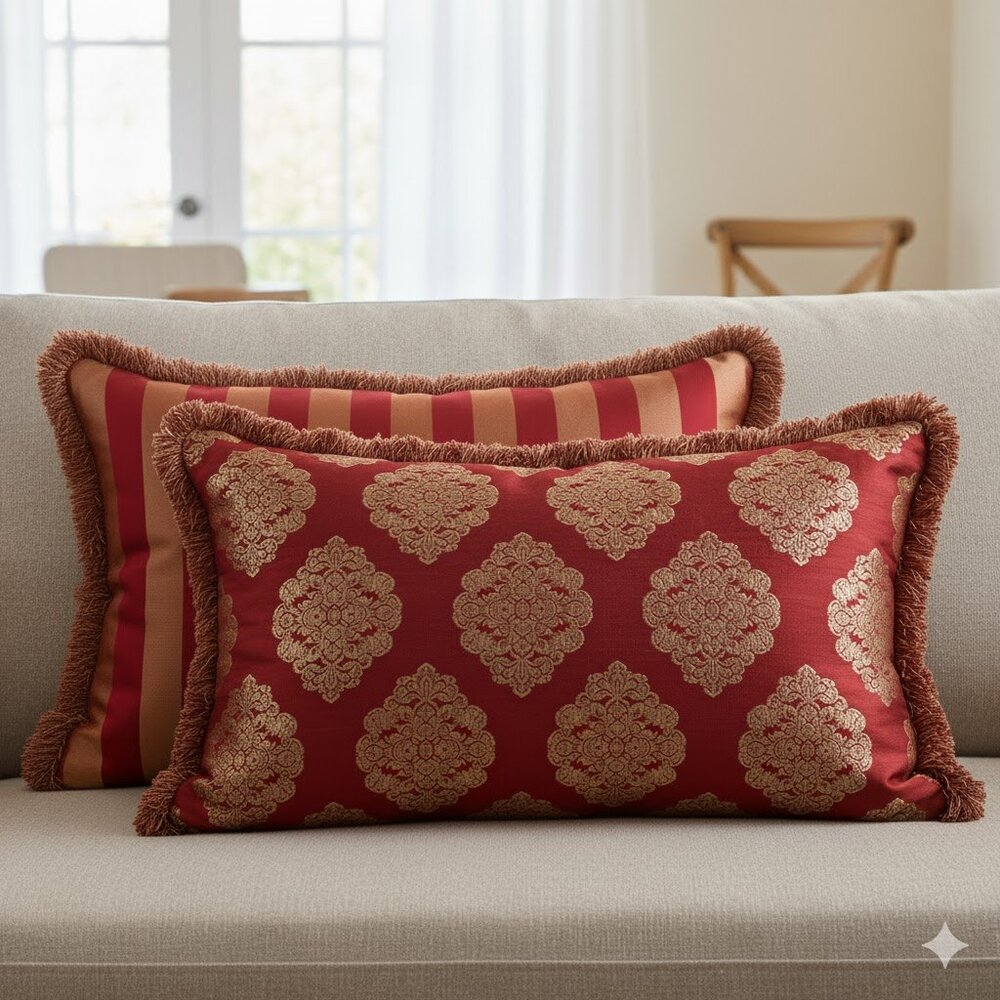Waterford Charlemont Ruby‎ Red Gold Pillowcase Lot 2 Zip Fringe Trim Luxury Sham